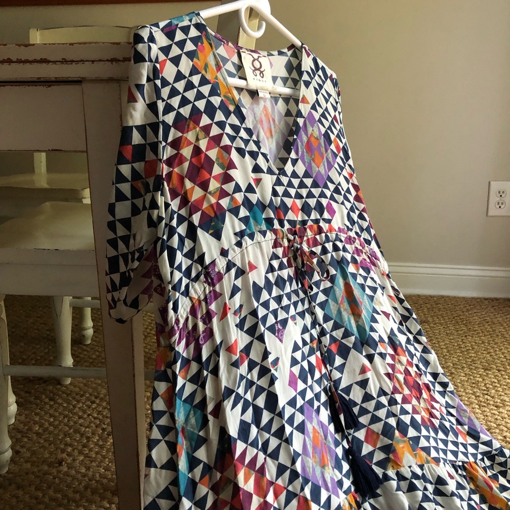 Figue Silk Maxi Dress with Tassels. Size Large